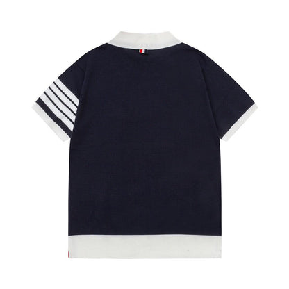 Thom Browne Navy Blue & White T-Shirt with Collar