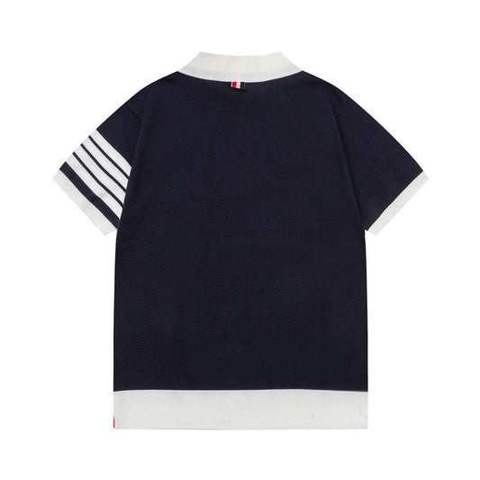 Thom Browne Navy Blue & White T-Shirt with Collar