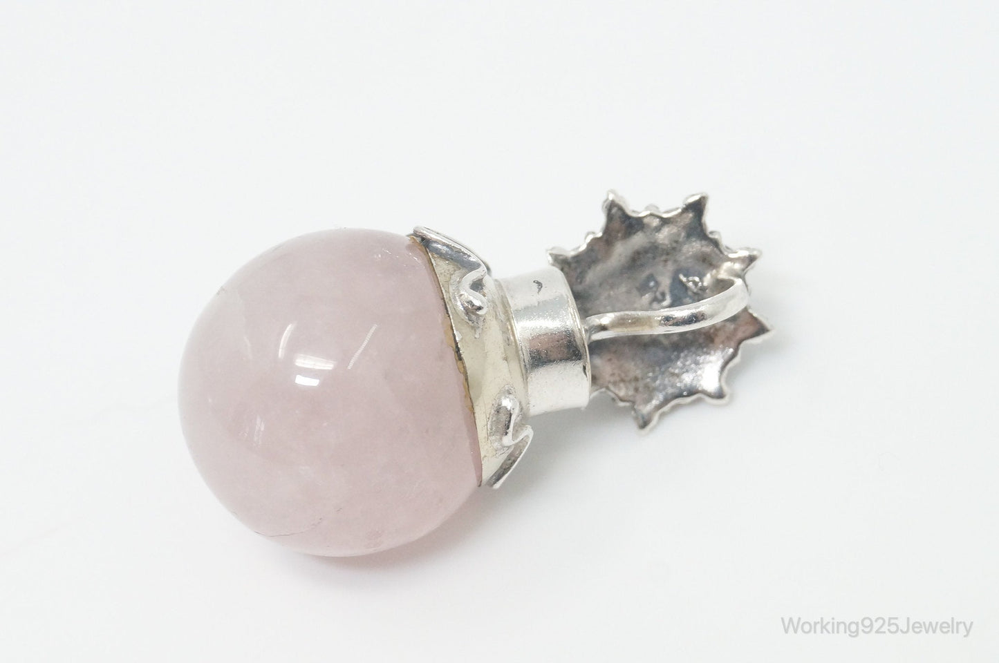 Vintage Rose Quartz Abalone Shell Bali Cat Sterling Silver Necklace Pendant