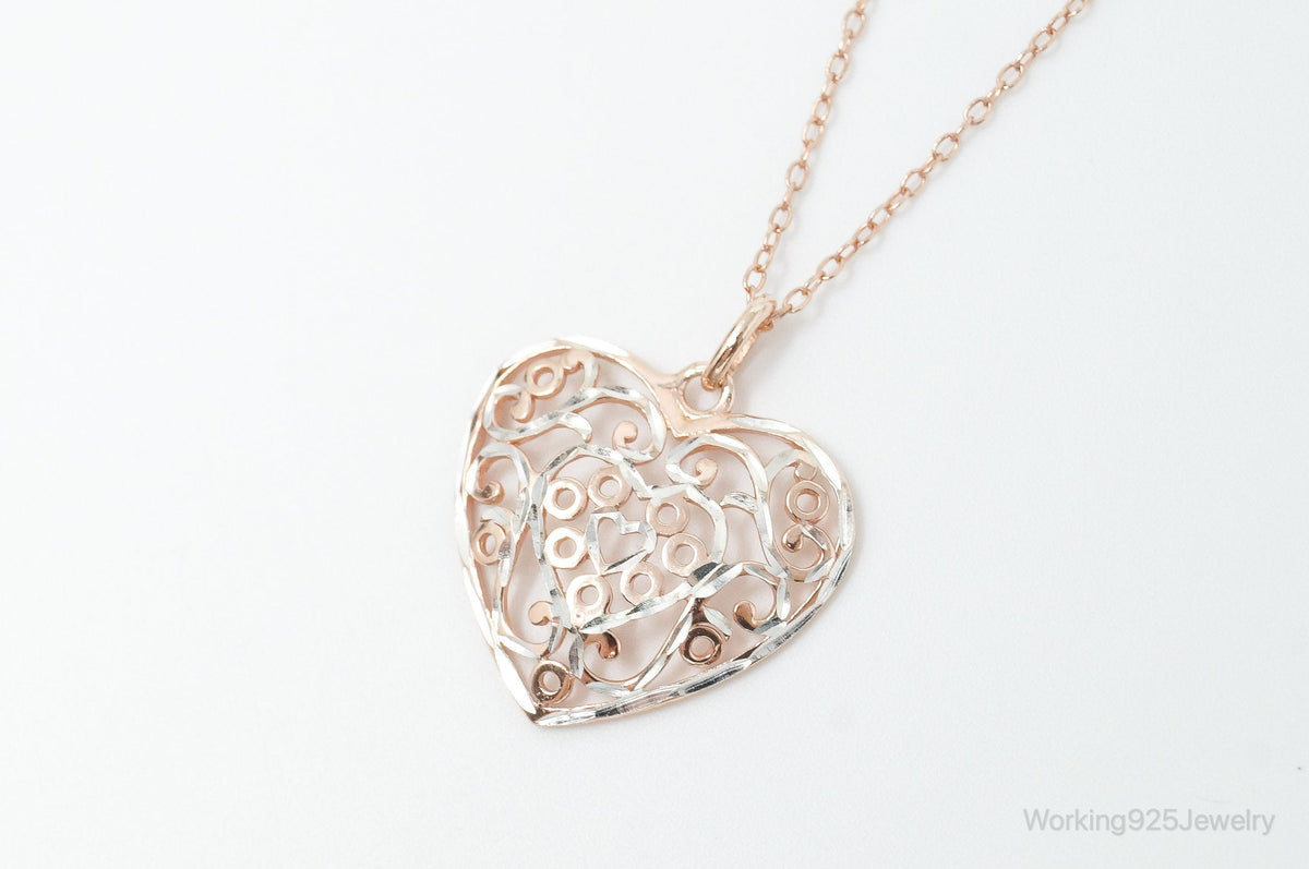 Vintage Rose Gold Vermeil Heart Sterling Silver Necklace - 18 Inch Chain