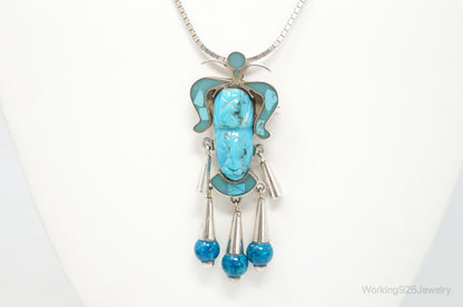 Vintage Mexico Handmade Turquoise Warrior Sterling Silver Necklace Brooch