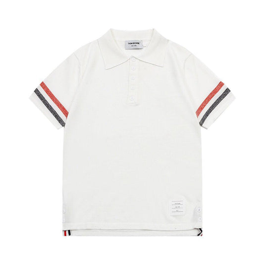 Thom Browne Classic Fit White Collar T-Shirt with Tricolor Grosgrain Detailing