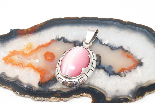 Vintage Handmade Mexico Pink Tigers Eye 950 Silver Southwestern Necklace Pendant