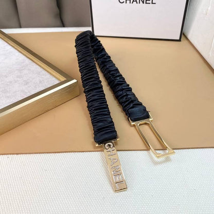 Chanel Logo Buckle Elastic Belt Leather with Metal and Crystals 'Black'