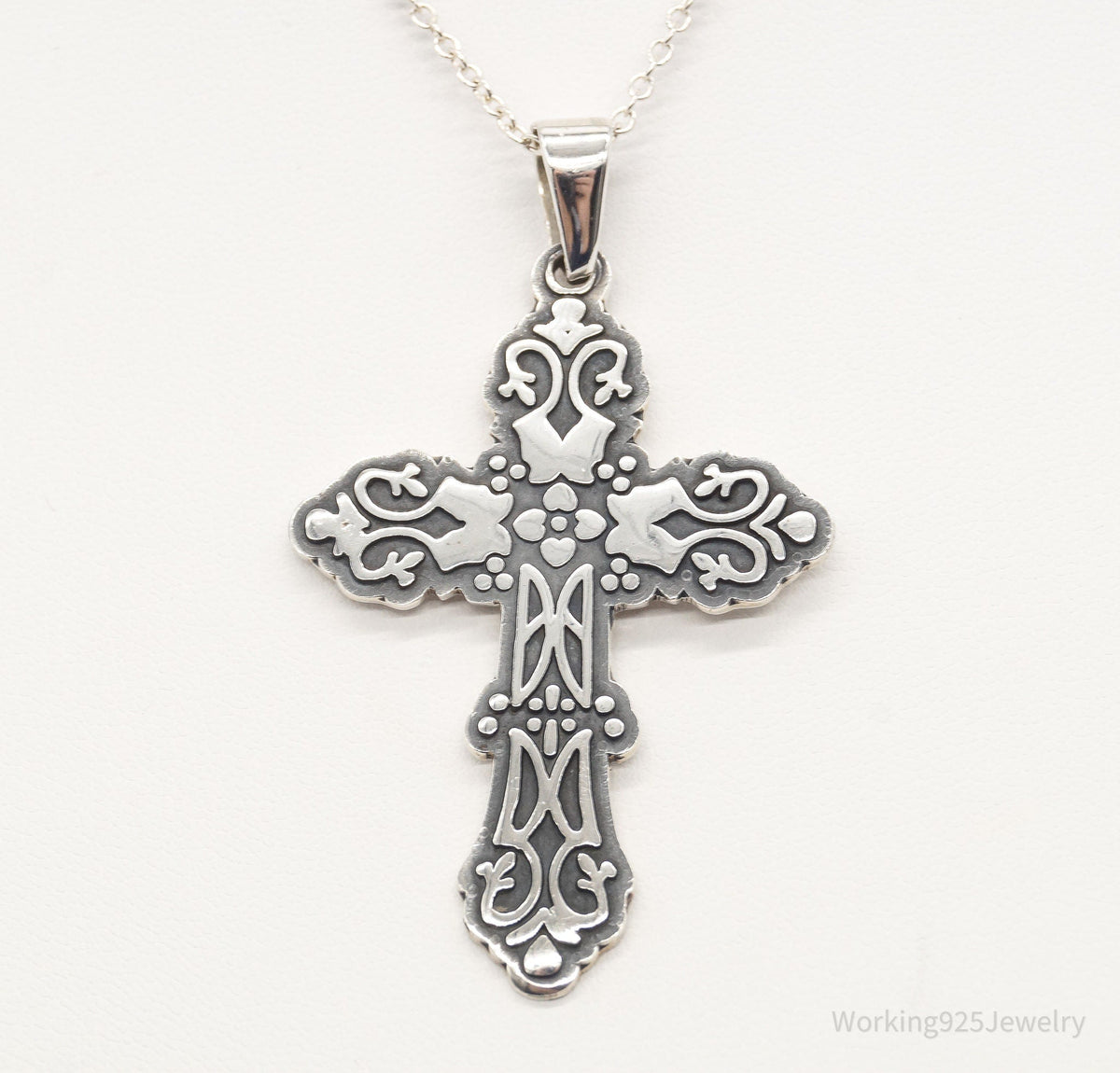 Vintage Large Mexico Artisan CII Cross Sterling Silver Necklace