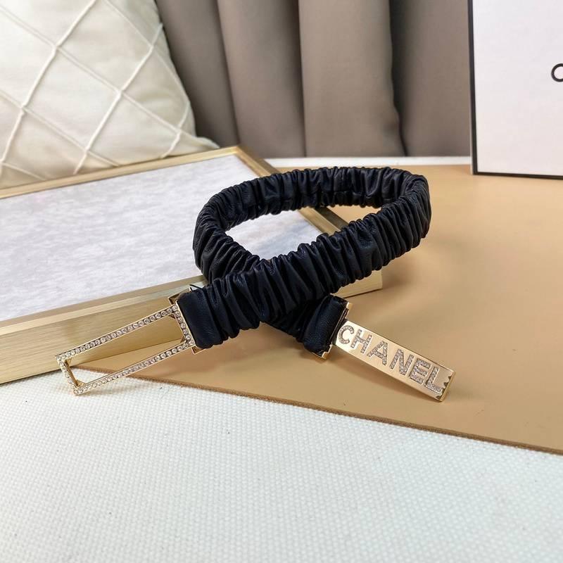 Chanel Logo Buckle Elastic Belt Leather with Metal and Crystals 'Black'