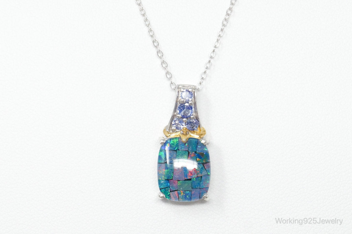 Vintage Blue Opal Amethyst Gold Vermeil Sterling Silver Necklace