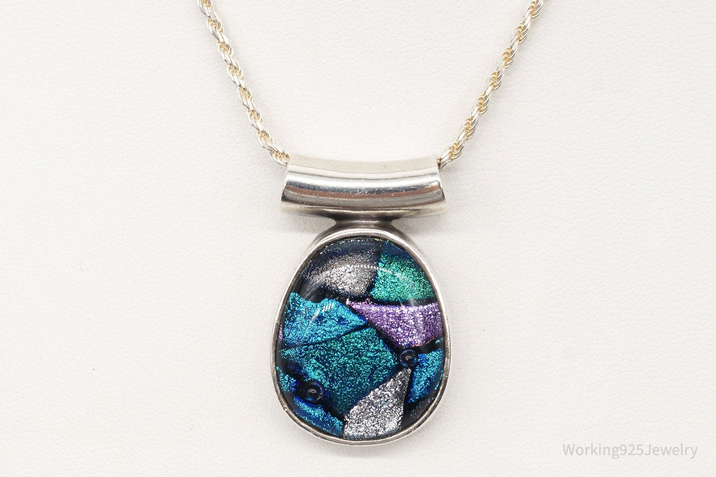 Vintage Large Dichroic Glass Sterling Silver Necklace