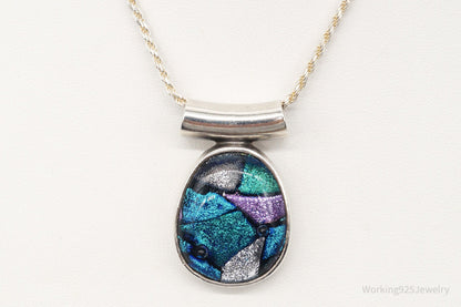 Vintage Large Dichroic Glass Sterling Silver Necklace