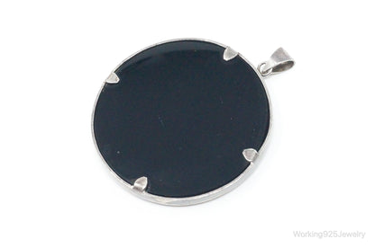 Vintage Large Ruby Black Onyx Etched Birds In Nature Sterling Silver Pendant