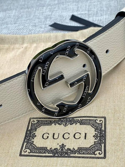 GUCCI Embellished coated-canvas and leather belt 'Cream'