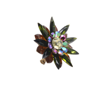 Vintage Swarovski Crystal Flower Brooch: Olivine Green Amber Aurora Borealis 49mm