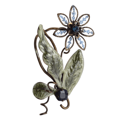 Vintage Blue Rhinestone Floral Brooch with Green Enamel Leaves - 32x69mm Base Metal Pin