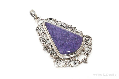 Vintage Purple Charoite Sterling Silver Floral Scroll Statement Necklace Pendant