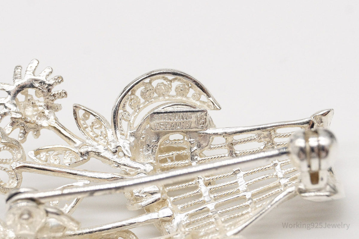 Vintage Mid Century German Sterling Silver Flower Basket Brooch Pin