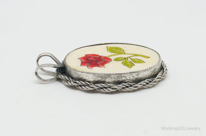 Vintage Painted Rose Bone Southwestern Sterling Silver Pendant
