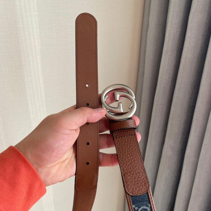 GUCCI Embellished coated-canvas and leather belt 'Brown/Blue'