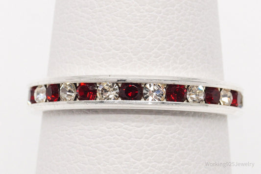 Vintage Red & White Crystal Sterling Silver Ring - Size 6.75
