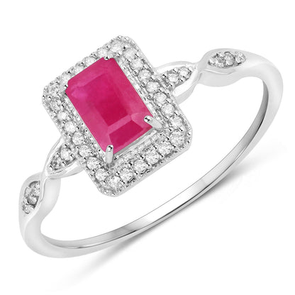 0.75 Carat Genuine Ruby and White Diamond 14K White Gold Ring