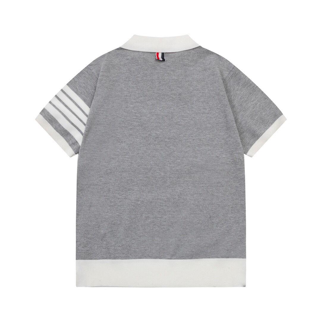 Thom Browne Grey & White T-Shirt with Collar