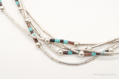 Vintage Native American Multi Gemstone Bead Sterling Silver Chain Necklace