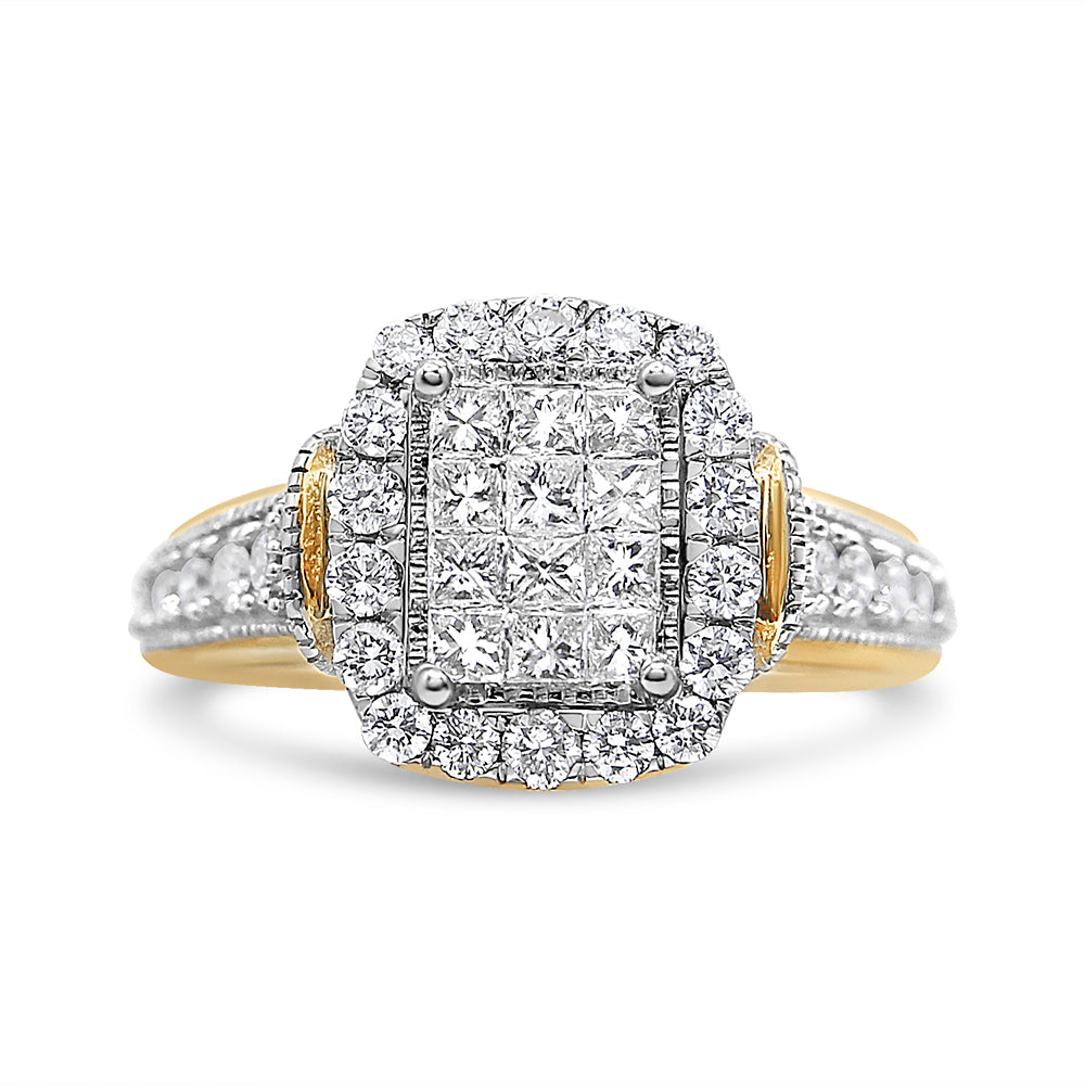14K Yellow and White Gold 1.00 Cttw Princess and Round Cut Emerald Shaped Halo Diamond Cluster Ring (SI1-SI2 Clarity, H-I Color) - Size 7