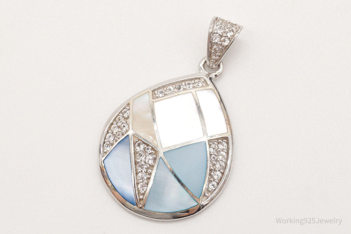 Large Vintage Mother Of Pearl Cubic Zirconia Sterling Silver Pendant