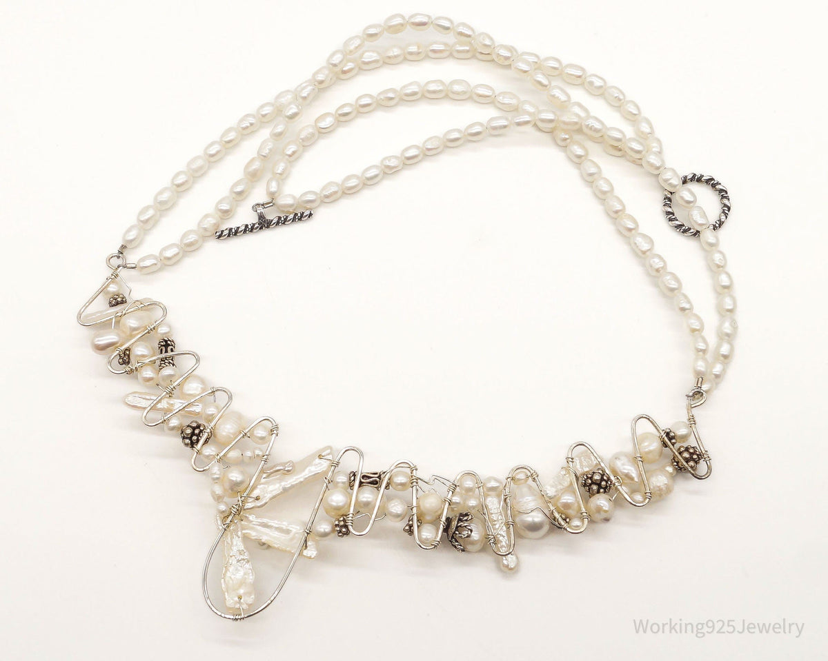 Vintage Pearls Beads Filigree Sterling Silver Necklace