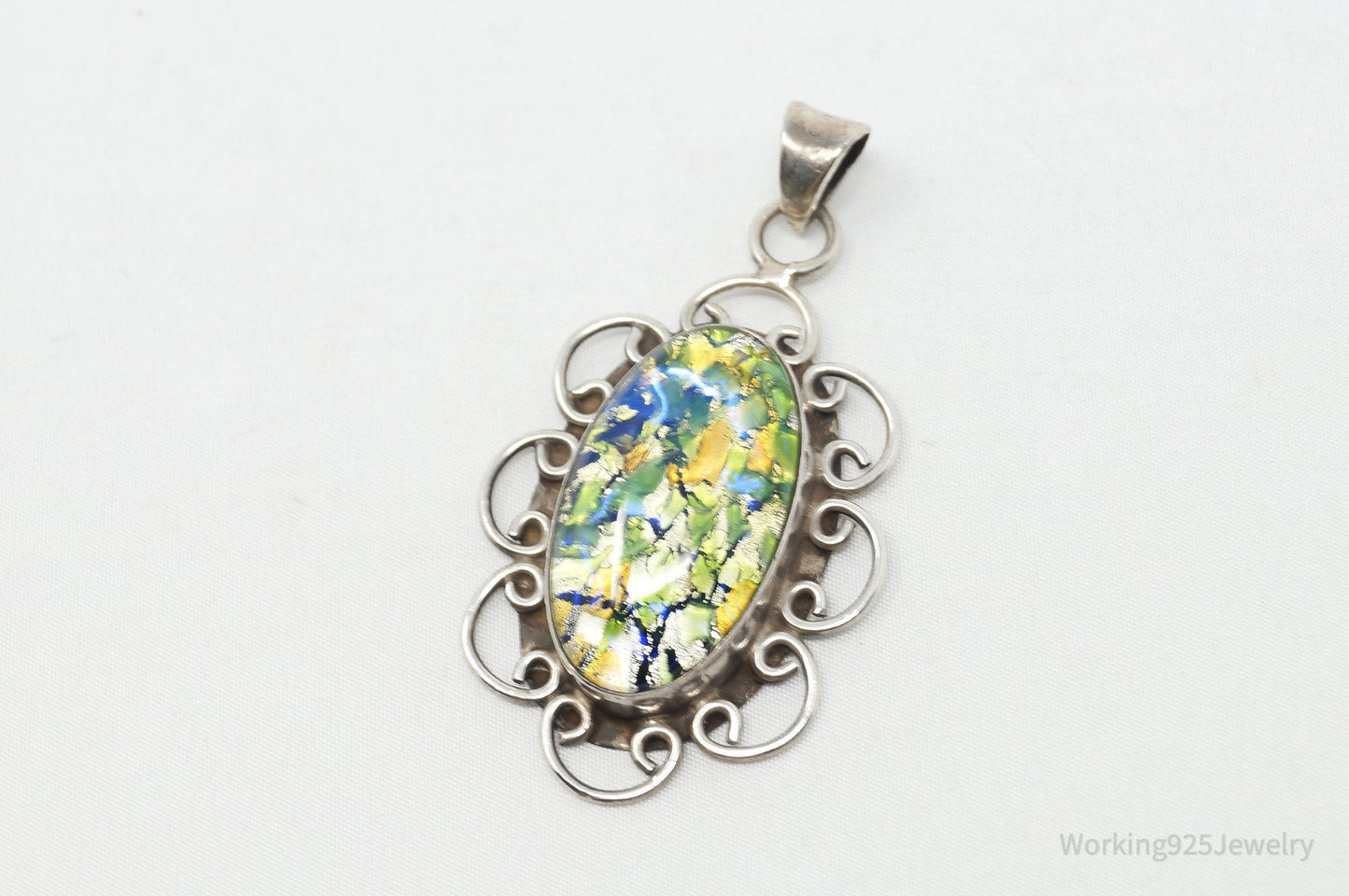Vintage Large Mexico Dichroic Glass Flower Sterling Silver Necklace Pendant