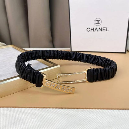 Chanel Logo Buckle Elastic Belt Leather with Metal and Crystals 'Black'