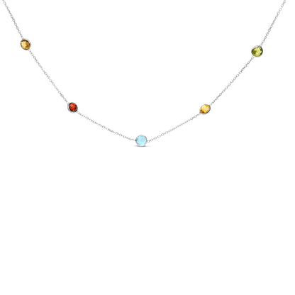 14K White Gold Bezel Set Mixed Gemstone 7 Station Adjustable 18"-24" Necklace