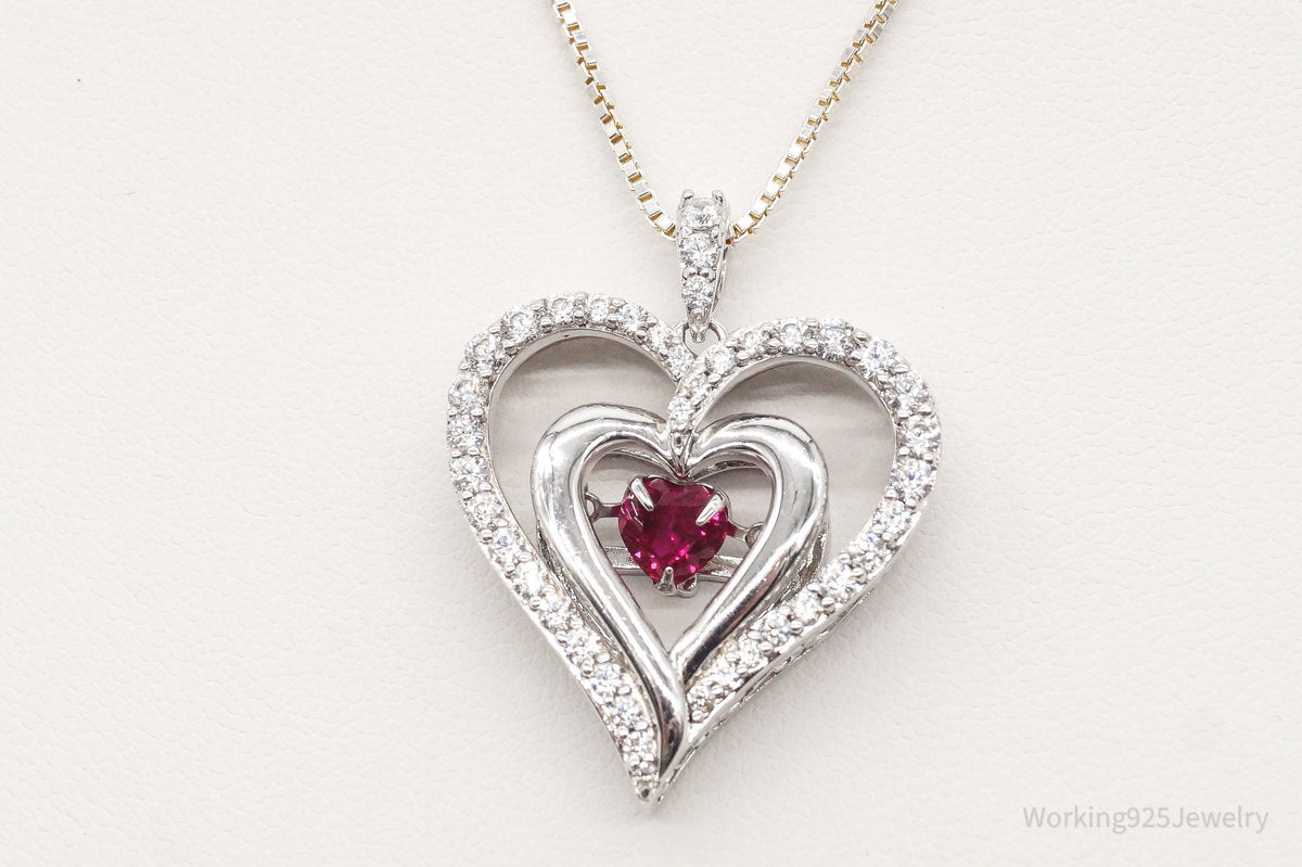Vintage Designer SUN Ruby Cubic Zirconia Heart Sterling Silver Necklace