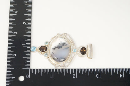 Large SAJEN Dendritic Agate Smoky Topaz Blue Topaz Sterling Silver Pendant