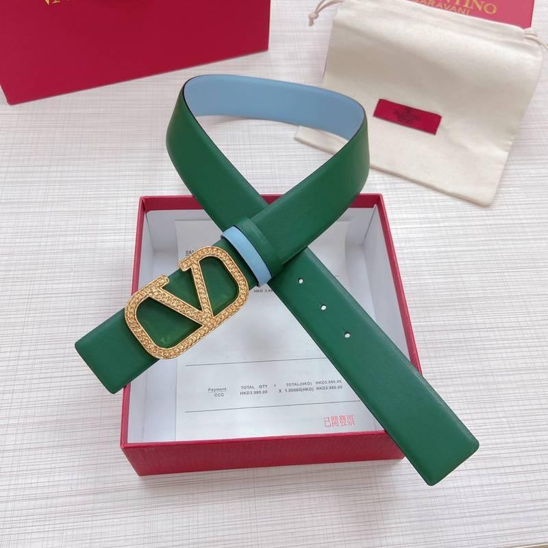 Valentino V logo Hammered Buckle Reversible Wide Signature Belt 'Green/Sky Blue'