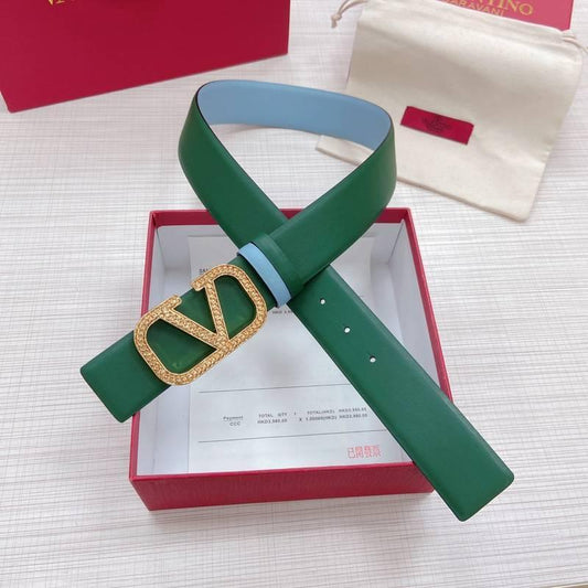 Valentino V logo Hammered Buckle Reversible Wide Signature Belt 'Green/Sky Blue'
