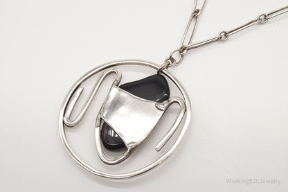 Vintage Black Onyx Modernist Silver Chain Necklace