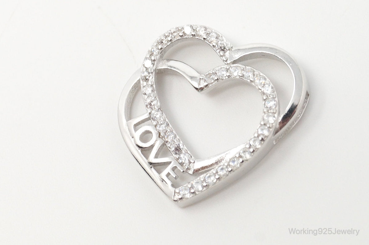 Vintage Open Heart Cubic Zirconia Sterling Silver Necklace Pendant