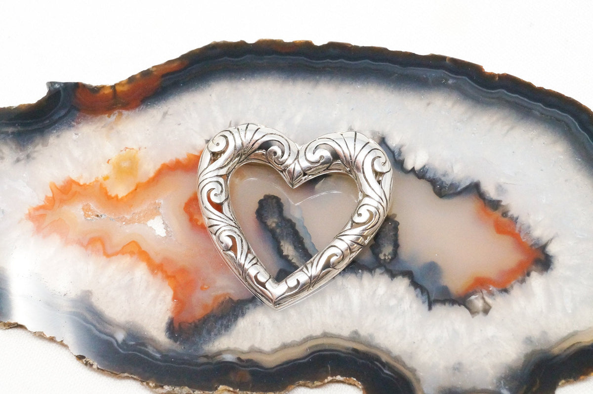 Vintage Open Heart Art Deco Swirl Sterling Silver Brooch Pin