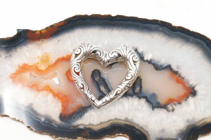 Vintage Open Heart Art Deco Swirl Sterling Silver Brooch Pin