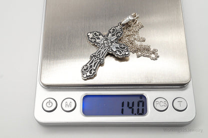 Vintage Large Mexico Artisan CII Cross Sterling Silver Necklace