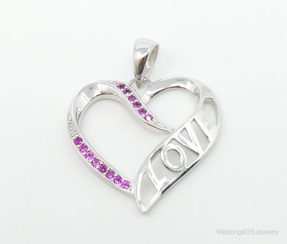 Vintage Open Heart Pink Cubic Zirconia Sterling Silver Necklace Pendant