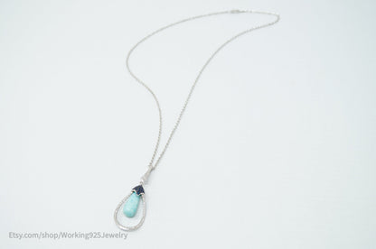 Vtg Designer RPG Ocean Blue Larimar Sapphire Diamond Sterling Silver Necklace
