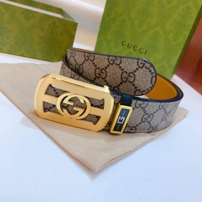 GUCCI Embellished coated-canvas and leather belt 'Beige'