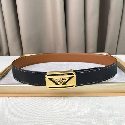 Prada Leather Belt Brushed Golden Buckle 'Black'