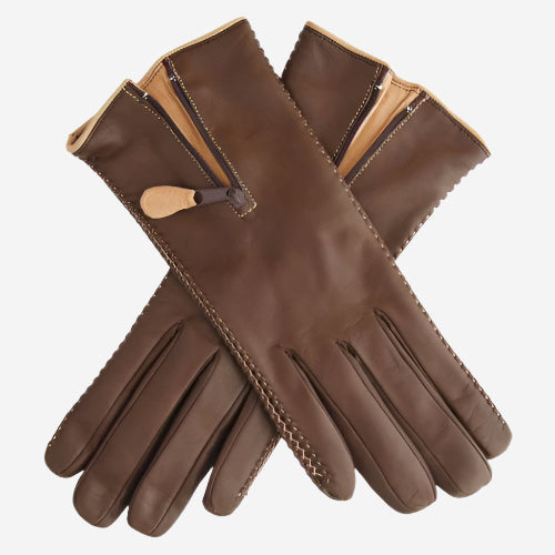 CA0547 (brown) – Women’s Italian lambskin cashmere-lined leather gloves with zipper — photo 1 of 9
