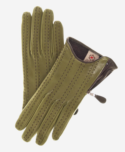A4348 (olive) – Women’s Italian leather gloves with cashmere lining and side zipper — photo 1 of 9