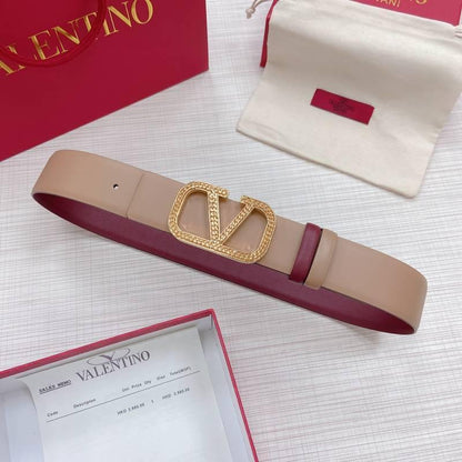 Valentino V logo Hammered Buckle Reversible Wide Signature Belt 'Beige/Red'