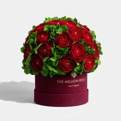 Classic Bordeaux Suede Box | Red Persian Buttercups & Green Hydrangeas
