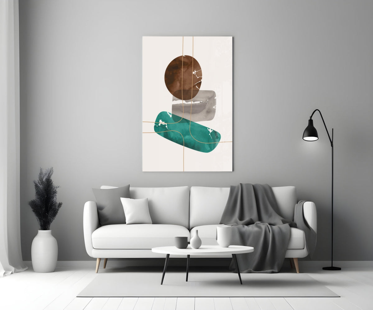 Brown Circle And Teal Capsule Forms Glass Wall Art