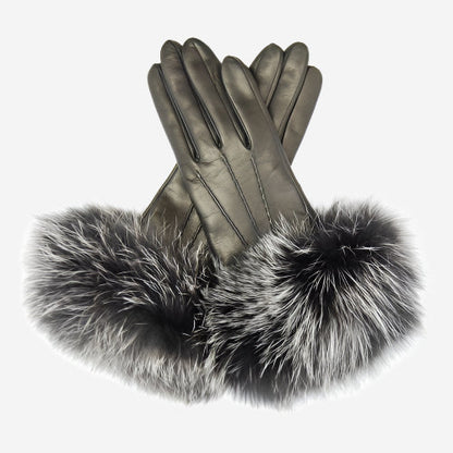 CC4066 (black) - Women’s Italian fox fur cuff cashmere lined leather gloves — photo 2 of 10
